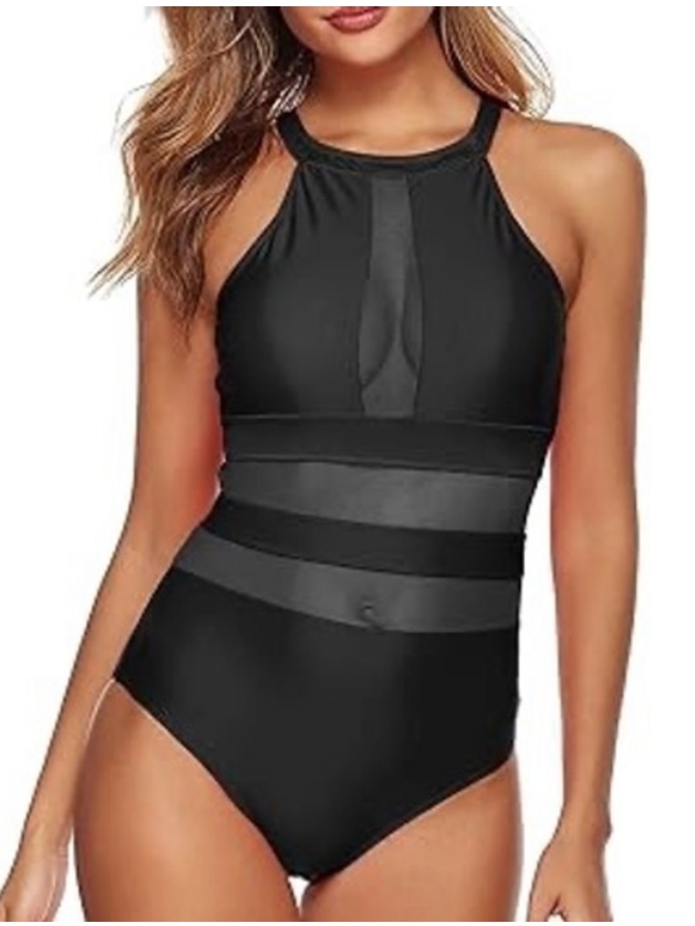 La Blanca Body Shaping Black High-Neck One-Piece Swim with Sheer Waist Stripes